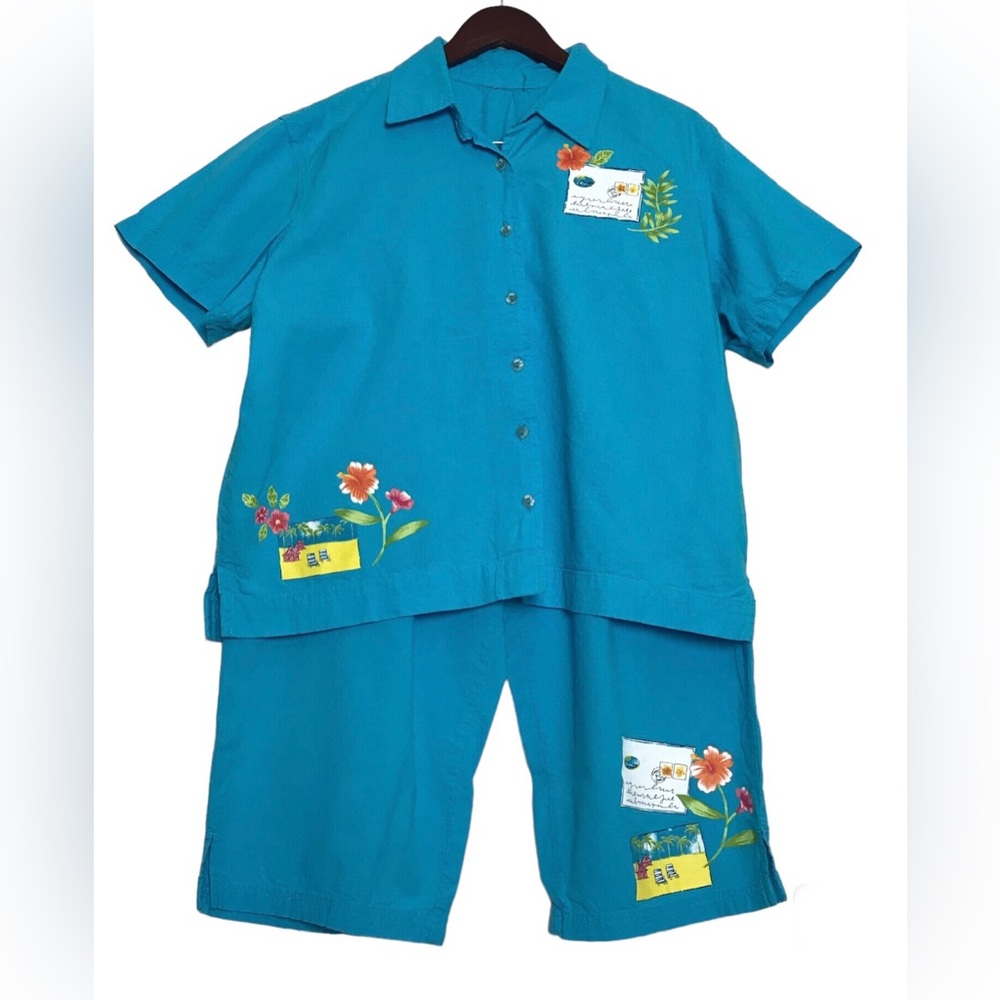 Vintage Erika & Co Blue Travel Print Button Up Top & Capri Set Women XL Vacation